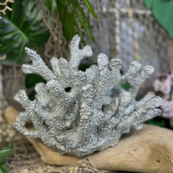 NEW Silver Poly Resin CORAL Coastal Nautical Beach Ocean Decor Bookend Shell Dis - Picture 7 of 16